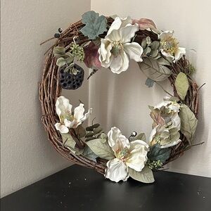 Floral Wreath with White Magnolias and Green Leaves